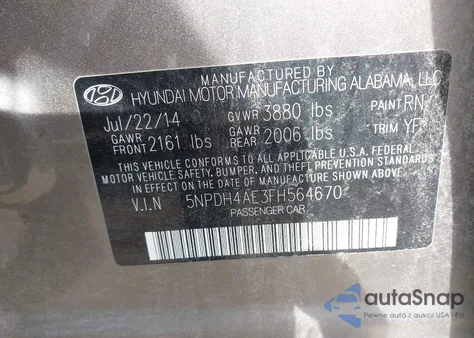 2015 Hyundai Elantra Se из США, поврежденный, VIN 5NPDH4AE3FH564670